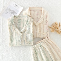 Sweethoney – pyjama en pur coton pour femmes, ensemble de vêtements de maison à manches longues, léger et ample, en crêpe, longueur complète, col à revers, printemps-automne
