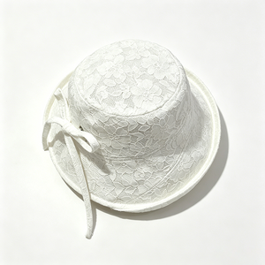 Women's <b>White</b> <b>Lace</b> Bucket Hat with Bow Breathable Floral Embroidery Sun Protection Fisherman Cap for Summer Beach Travel - Product Image 2