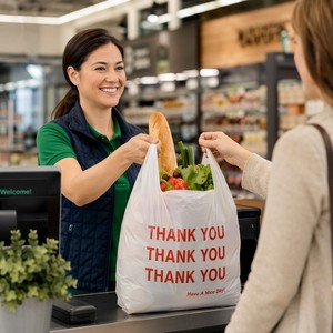Sacs en HDPE pour T-shirts, personnalisables avec logo, blancs et rouges, imprimés 'Thank You Have A Nice Day', recyclables, pour la vente en gros, la vente au détail, les plats à emporter et l'emballage alimentaire - Product Image 2