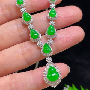 Vibrant Imperial Green Jadeite Gourd <b>Statement</b> <b>Necklace</b>, 18K White Gold Diamond Cluster Setting Natural Jade Fine Jewelry - Product Image 3