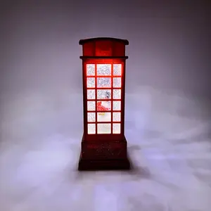 Red Telephone Box Snow Lantern Musical Water Lantern Christmas Ornaments Snowman Statue for Home Decor