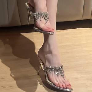 Nouvelles sandales d'été 2026 pour femmes à bout ouvert, avec strass et pampilles, transparentes, à bride unique, sexy, à talon haut et fin, style mule - Product Image 4