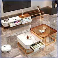 Nouvelle Table Basse Carrée Centrale Design avec Rangement en Bois et Tiroirs Gigognes en Verre Doré