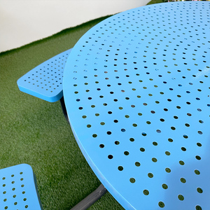 Mesas de jardín comerciales de acero con revestimiento termoplástico para exteriores, banco para <span class=keywords><strong>Patio</strong></span>, sombrilla, mesa de Picnic con agujeros - Product Image 6