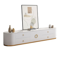 Ensemble Meuble TV et Table Basse Moderne Minimaliste Blanc Crème, Meuble de Salon Luxe Léger avec Plateau en Pierre et Rangement