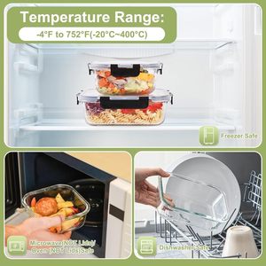 8個セット 370ml ガラス製食品保存容器 蓋付き 気密漏れ防止 積み重ね可能 電子レンジ/オーブン/冷凍庫/食洗機対応 BPAフリー - Product Image 4