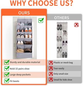 600D Fabric Over the Door Shoe Organizer 15 Large Pockets Hanging Shoe Rack Organizer, Wall Closet Storage Holder for Home Dorm - Product Image 6