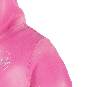 Sudadera con Capucha TOPSHOW de Alta Calidad, Personalizada con Pedrería, 100% Algodón, Estilo Holgado, Corta, Gruesa, Color Rosa Deslavado al Sol - Product Image 3