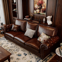 Luxuriöses Amerikanisches Retro Polstersofa 3-Sitzer Chesterfield Braun Echtleder Ecksofa-Set Wohnzimmermöbel
