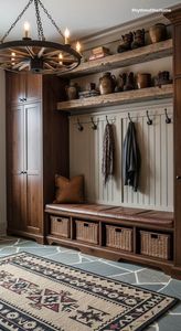 Système d'armoires d'entrée en bois massif Vermonhouzz Custom Farmhouse avec paniers en fil métallique et bancs pour hôtel - Product Image 6