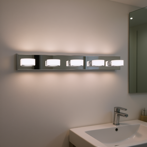 Lampada da Specchio Moderna a 5 Luci LED, Finitura Cromata, Paralumi in Acrilico, 37 Pollici, Montaggio a Parete per Bagno, Luce Bianca Calda - Product Image 2