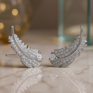 Orecchini di Lusso con Piume in Oro Bianco Argento 925 con Cristalli e Strass, Montatura a Griffe, per Uso Quotidiano Femminile - Product Image 2