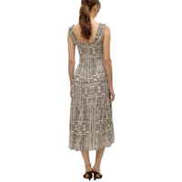 Robe midi décontractée d'été pour femme, motif géométrique ethnique beige et noir, bretelles spaghetti, volants, vente en gros
