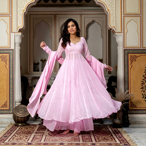 Robe Anarkali rose avec ensemble dupatta en georgette et fausse fourrure, tenue ethnique pour mariage et fête, pour femmes - Product Image 1