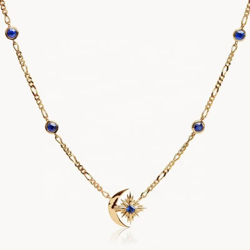 Benutzer definierte Luxus 925 Sterling Silber Bordstein kette Moon Star Charm Sapphire Star Burst Halskette edlen Schmuck für Frauen Mädchen als Geschenk