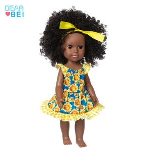 ตุ๊กตาเด็กผู้หญิงแอฟริกาสีดำขนาด14นิ้วพร้อมสายรัดศีรษะชุดรอมเปอร์สีส้มตุ๊กตาเล่นสำหรับเป็นของขวัญ