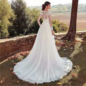 Lace Wedding Dress With French Applique Deep V-Neck Long <b>Sleeve</b> A-Line White Ivory <b>Bridal</b> Gown Natural Waistline Zipper Closure - Product Image 3