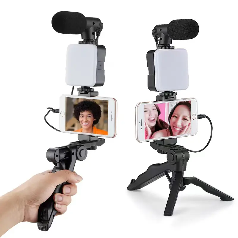 Professional Studio Microphone For Phone Camera Vlog Video Recording Condenser Microphone with Tripod LED Light Tabletop Stand
