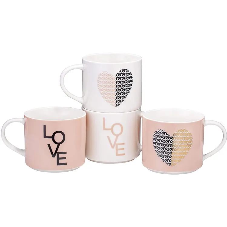 Tazas de café de cerámica blanca, calcomanía personalizada impresa, color rosa con calcomanía dorada