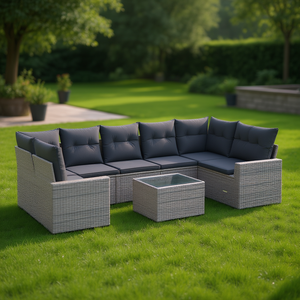 <b>Grey</b> Pe Rattan Garden Sofa Set 6 Seater Steel <b>Frame</b> Outdoor Furniture Contemporary Design - Product Image 2