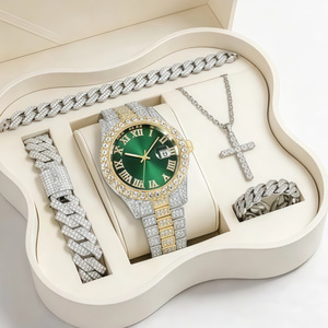 Set di Gioielli Hip Hop da Uomo all'Ingrosso: Orologio <span class=keywords><strong>al</strong></span> Quarzo con Diamanti, Collana a Catena Cubana, Bracciale e Anello - Confezione Regalo - Product Image 2
