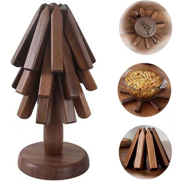 Wooden Trivets for Hot Dishes Folding Tree Shape Black Walnut Table Mat ...
