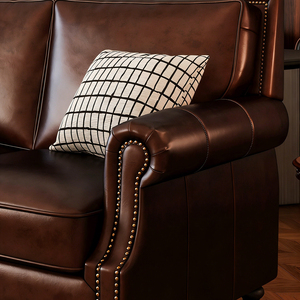 โซฟาหนังสไตล์อเมริกันคุณภาพสูง สีน้ำตาล เฟอร์นิเจอร์สไตล์วินเทจสำหรับอพาร์ตเมนต์ ห้องนั่งเล่น บ้านพักตากอากาศ และโรงแรม - Product Image 4
