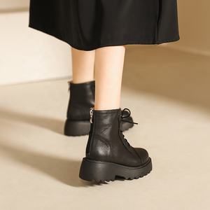 Botines de cuero vacuno negro de invierno, nuevos, con cordones, punta redonda, suela gruesa, resistentes al desgaste, antideslizantes, cómodos, transpirables, con forro de piel. - Product Image 2