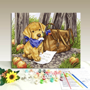 Paint by Numbers Canvas Kit Dog with Blue Bandana and Math Paper Rectangle Cartoon Animal Art DIY Handmade Digital Printing - Product Image 1