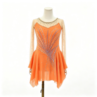 Robe de danse patinage orange avec maille nude, manches longues, motif feuille en strass argenté pour enfants et adultes, compétition et performance