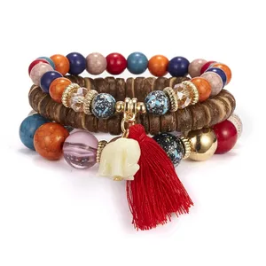 3 Pçs/set Bohemia Estilo Étnico Charme Elefante Borla Pingente de Coco Shell Acrílico Beads Boho Pulseira Set Jóias Para As Mulheres