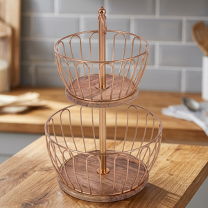 Double Tier Metal <b>Storage</b> <b>Basket</b> <b>Round</b> Kitchen Organizer Minimalist Design Standing Type - Product Image 3