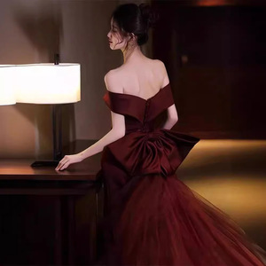 Wine Red Off The Shoulder Mermaid Evening Dress Asymmetric Tulle Skirt Formal Party Gown Women's Long Dress - Product Image 4