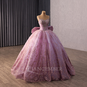 261002 Robe de bal moderne à bretelles spaghetti avec nœud, ornée de perles et de cristaux, en dentelle, taille naturelle, pour jeunes filles de 16 ans, longueur ras du sol, avec perles - Product Image 3