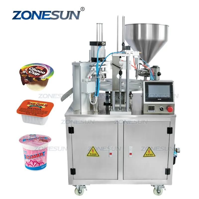 ZONESUN-ماكينة أوتوماتيكية لتعبئة الجيلي والآيس كريم وعصير السكر والعسل مزودة بكوب دوار وفتحات رفيعة