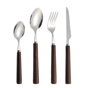 304 Stainless Steel Round Wooden Handle Flatware <b>Set</b>, Steak Knife Fork Dinner Dessert Spoon Hotel Cutlery Kit - Product Image 5