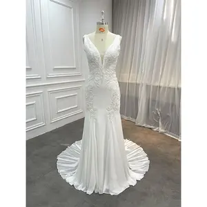 Supplier High Quality Cheap Online Mermaid Wedding Dresses V Neck Backless Sequins Beaded Chiffon Trumpet Bridal Elegant Gown