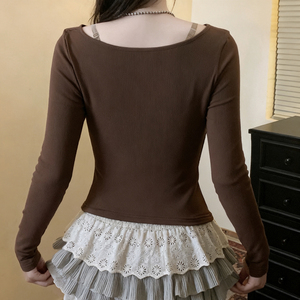 Camiseta de Manga Larga para Mujer, Ecológica, Transpirable, Estilo Dos Piezas, Color Sólido Vintage, Tejido Elástico, Cierre de Botones, Corte Ajustado - Product Image 5
