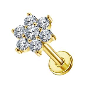 Lotus en stock – Boucles d'oreilles pendantes fines en or jaune 14K 18K avec fleur, lune et boule, serties de CZ, à dos plat fileté pour piercing au cartilage - Product Image 4