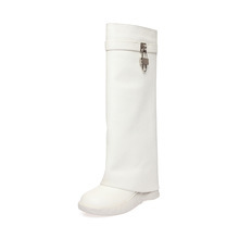 Botas de Mujer de Caña Alta en Piel Vacuna y Cuero Genuino, Blancas y Negras, hasta la Rodilla, para Chicas, que Aumentan la Estatura - Product Image 5