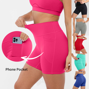 Vractive En gros <span class=keywords><strong>Short</strong></span> cycliste pour <span class=keywords><strong>femme</strong></span> avec poches, taille mi-haute, taille élastique, extensible dans les quatre sens, respirant, effet froncé - Product Image 1