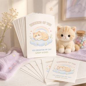 Juego de Tarjetas de Felicitación Personalizadas con Sobres, Diseño Kawaii de Zorro, Conejo, Gatito y Arcoíris, Ilustraciones de Animales Lindos, Papelería - Product Image 2