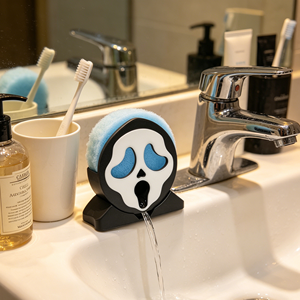 Portaspugne a forma di Ghost Face di Halloween, con drenaggio rapido, organizer da lavello per cucina, porta spugne per pulizia a tema horror/cartoon, gadget per la casa - Product Image 4