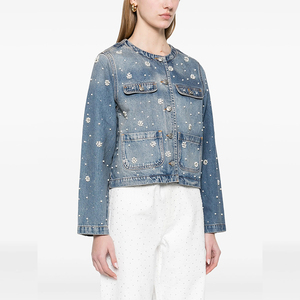 <span class=keywords><strong>Veste</strong></span> <span class=keywords><strong>en</strong></span> <span class=keywords><strong>Jean</strong></span> Boutonnée Classique Lavage Personnalisée pour <span class=keywords><strong>Femme</strong></span> Brodé de Perles et Diamants Style Décontracté Similaire à une Chemise pour Fille - Product Image 2