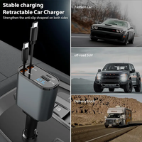 Adaptor Pengisi Daya Mobil 120W dengan Kabel Dapat Ditarik Pengisian Cepat Dual Port Tipe-C PD QC 3.0 Layar Digital LED untuk iPhone Samsung