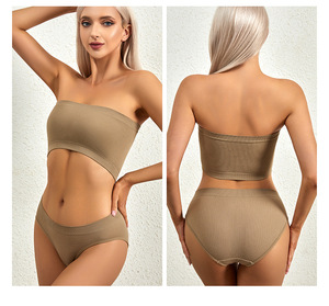 Completo reggiseno e slip da donna, speciale per seno piccolo, con scollatura a una linea, schiena scoperta, senza spalline, senza cuciture, senza ferretto, a coppa intera, sottile - Product Image 3