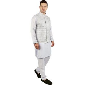 <b>Men's</b> <b>White</b> <b>Kurta</b> Pajama With Waiscoat 3 In 1 Set Cotton Ethnic Indian Traditional Wear <b>For</b> Diwali Puja - Product Image 4