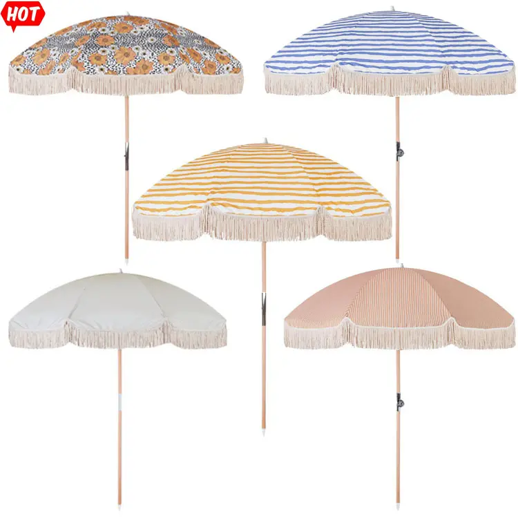 Custom Luxury Portable 8 Feet Vintage Boho Wooden Pole White Canvas Fringe Sun Outdoor Parasols Beach Umbrellas With Tassels