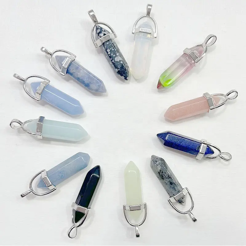 Bullet Shape Healing Pointed Hexagonal Chakra Beads Gemstone Quartz Crystal Stone Pendants for DIY Necklace Jewelry Making 3cm