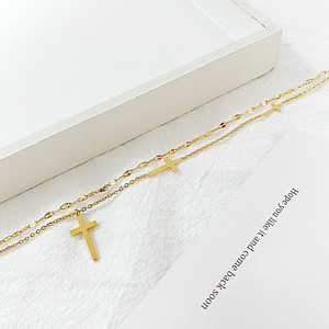 Collana a Doppio Strato in Acciaio Inossidabile Placcato Oro 18K con Croce Cristiana, Gioielli di Moda (Vecchio Modello) - Product Image 5